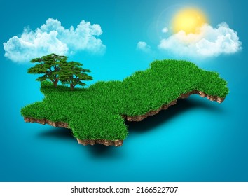 Pakistan Map, Realistic 3D Map of Pakistan Clouds Tree sun rays on bright blue Sky 3d illustration 