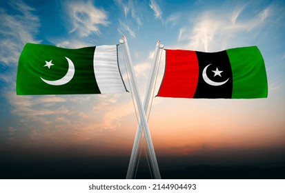 Pakistan Peoples Party And Pakistan Waving Flags With Sky. 2d Rendering Illustration. 