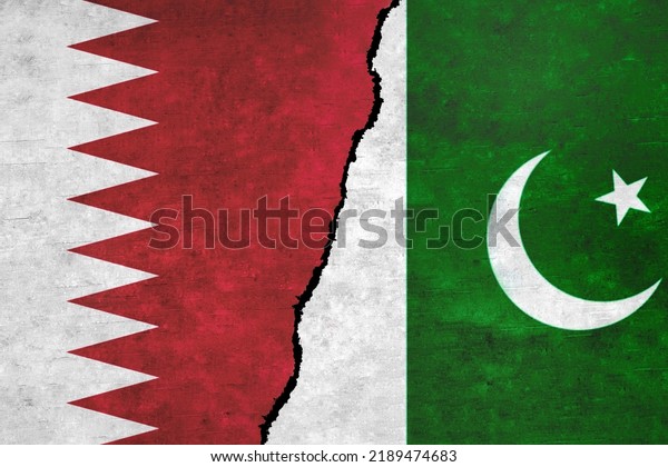 Pakistan and Qatar\
flags on a wall with a crack. Qatar and Pakistan flag together.\
Pakistan Qatar alliance, politics, economy, trade, relationship and\
conflicts\
concept