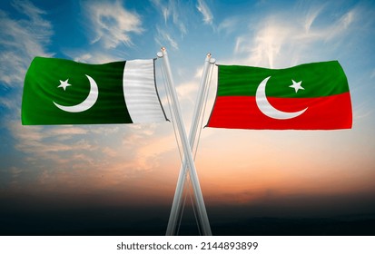 Pakistan And Tehreek E Insaf. Waving 
Flags With Sky. 2d Rendering Illustration. 