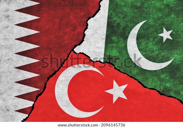 Pakistan, Turkey and Qatar\
painted flags on a wall with a crack. Qatar, Turkey and Pakistan\
relations