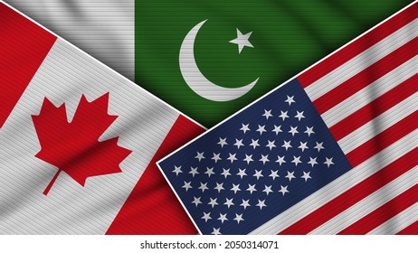 Pakistan United States of America Canada Flags Together Fabric Texture Effect Illustration