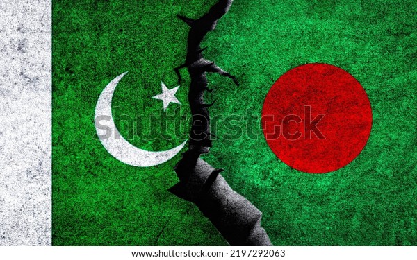 Pakistan vs Bangladesh flags\
on a wall with crack. Bangladesh Pakistan relation. Pakistan\
Bangladesh conflict, war crisis, economy, relationship, trade\
concept