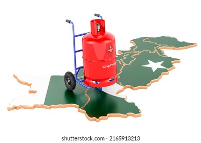 Pakistani map with propane gas cylinder on hand truck. Gas Delivery Service in Pakistan, concept. 3D rendering isolated on white background
