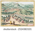 Palanka, Superioris Hungariae Civitas (1617) by Joris Hoefnagel. Vintage Palanka, Superioris Hungariae Civitas landscape illustration, old landscape painting art print.