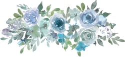 Pale Aqua & Laurel Green Watercolor Floral Arrangement Isolated On White Background. A Tender Bouquet On A White Background. Watercolor Floral Composition.  Hi-res File. Hand Painted. 
