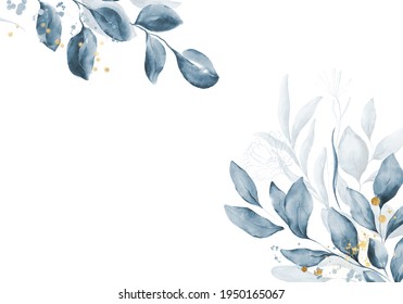 Pale blue leaves - botanical design banner. Floral pastel watercolor border frame.