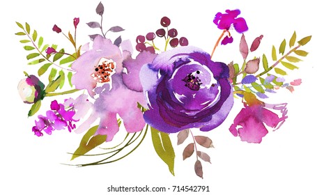 Pale Bright Purple Watercolor Floral Bouquet Isolated On White Background.