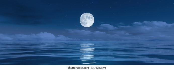 Ein blauer Mond auf Meeresbanner-Hintergrund, 3D-Illustration