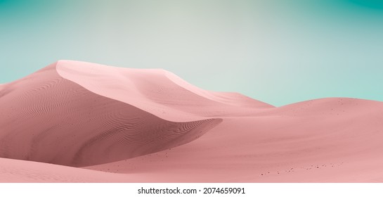 Pale Pink Dunes And Dark Teal Sky. Desert Dunes Landscape With Contrast Skies. Minimal Abstract Background. 3d Rendering