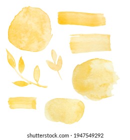 Pale Yellow Watercolor Background, Design Elements With Watercolour Leaves, Leaf. Modern Hand Painted Element Splash, Stain. Perfect For Designs Of Invitations, Movie Posters, Fabrics And Other

