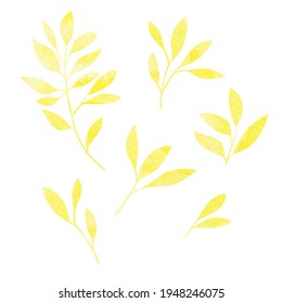 Pale Yellow Watercolor  Background Elements. Floral Pattern. Hand Painted Leaves. Small Leaf Design Element. Use For Wallpaper. Fabric Etc.

