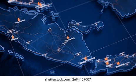 Palembang map big data visualization. Futuristic map infographic of city in Indonesia. Visual map data complexity in modern blue and orange colors. 3D Illustration