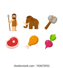 Paleo Man And Prehistoric Food Icon Set. Caveman, Hunting Tools, Mammoth And Healthy Diet With Meat And Vegetables.