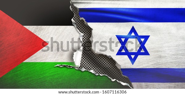 palestine and israel flag,\
covering on\
cracked wall. 3d\
illustration