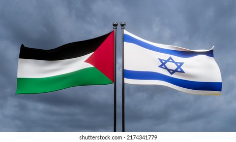 Palestine And Israel Flags, Blue Sky And Flag Palestine Vs Flag Israel, Palestine Israel Flags, 3D Work And 3D Image