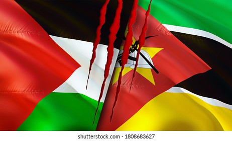 Palestine And Mozambique Flags With Scar Concept. Waving Flag,3D Rendering. Palestine And Mozambique Conflict Concept. Palestine Mozambique Relations Concept. Flag Of Palestine And Mozambique
