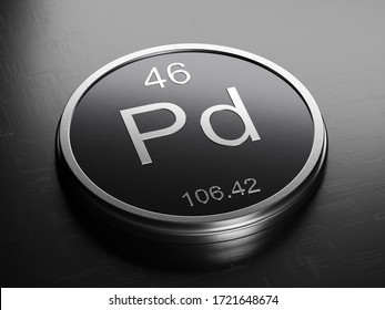 Palladium element from periodic table on futuristic round shiny metallic icon 3D render