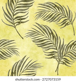 Palm leaf seamless pattern, hand-painted watercolor in soft olive tones, airy balanced layout. Ideal for Easter packaging, spiritual branding, calm stationery, fabric prints, wall decor, and modern