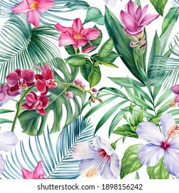 Palm leaves, tropical flowers orchid, hibiscus on white background, watercolor botanical. Seamless patterns. 
