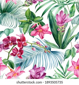 Palm leaves, tropical flowers, turmeric, orchid, hibiscus, watercolor botanical illustration. Seamless patterns. 