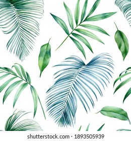 Palm Leaves, Tropical Leaf On White Background, Watercolor Botanical Illustration. Seamless Patterns. 