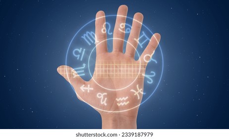 A palm with a palmistry scanner on a background of space 3D illustration