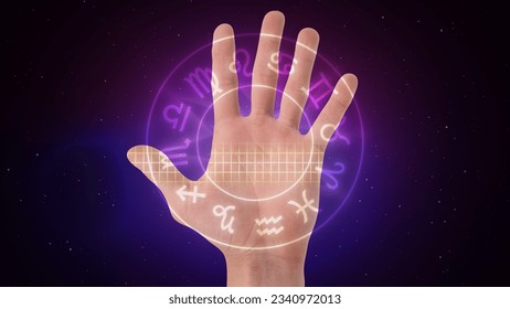 A palm with a palmistry scanner on a background of space 3D illustration