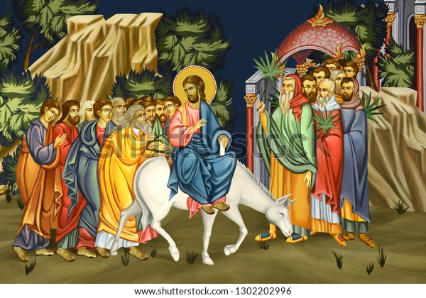 Palm Sunday. Jesus\' triumphal entry into\
Jerusalem. Dominica in palmis de passione domini. Illustration -\
fresco in Byzantine\
style.
