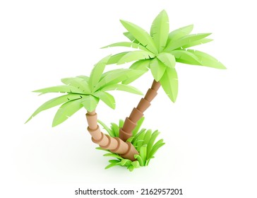 Palm Tree 3d Render - Tropical Plant With Green Leaves, Brown Trunk And Grass For Beach Vacation And Summer Travel Concept. Cartoon Exotic Beach Tree For Seasand Illustration.