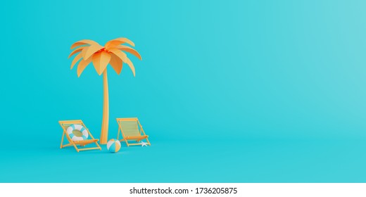 Palm tree with chairs and beach accessories on blue background. Summer vacation concept. 3D render 3D illustration