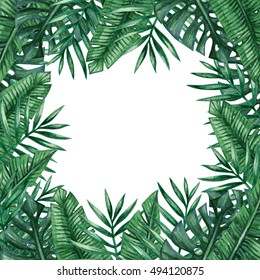 Palm tree leaves background template. Tropical greeting card.