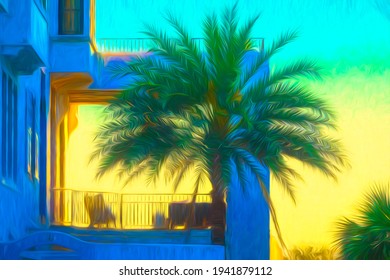 Palm tree with lush growth by balcony with a view of sunset along the Gulf Coast of Florida, with digital painting effect. 3D rendering.