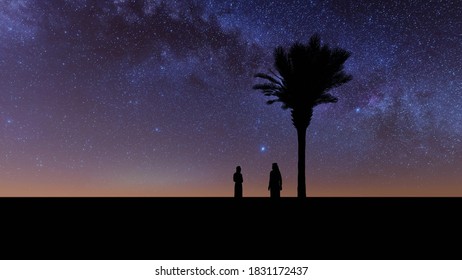 Palm Tree Night Arabs Muslim Family 3d Rendering