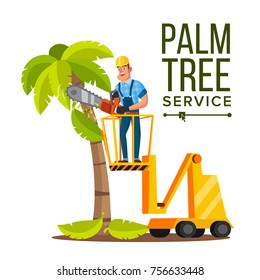 Palm Tree Removal. Trimming Tree Or Removal To Tree Pruning. Flat Cartoon Illustration