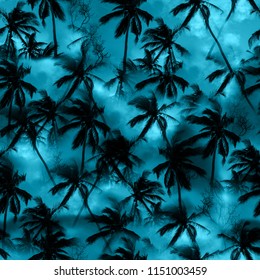 Palm Tree Shirt Tropical Pattern Black Silhouettes Palm Leaves On A Blue Sky. Monochrome Jungle Print Palm Seamless Background - Exotic Photo Design - Mixing Floral Pattern Indigo Trendy Color.