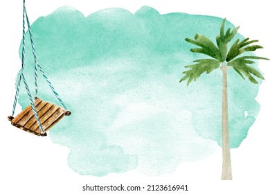 Palm Tree, Swing On The Beach Watercolor Background. Template For Decorating Designs And Illustrations.