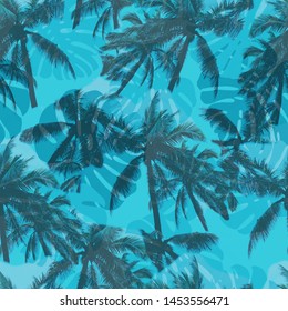 Palm Tree Tropical Seamless Pattern On Blue Background.
Collage Of Coconut Trees And Tropical Leaves.