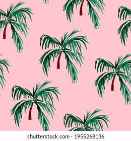 Palm Tree Watercolor On Pink Background Seamless Pattern. Template For Decorating Designs And Illustrations.