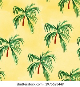 Palm Tree Watercolor On Yellow Background Seamless Patter. Template For Decorating Designs And Illustrations.