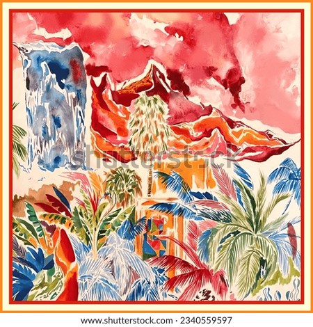 palm tree watercolor tropical oil paint colorful brush pattern scarf shawl volcano design textile  Foto d'archivio © 
