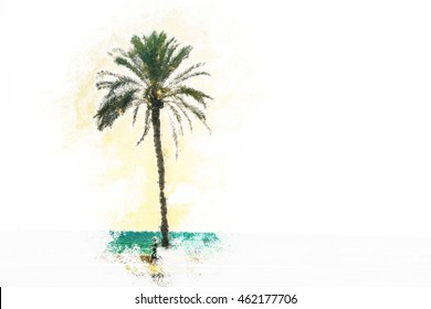 Palm trees along the coast in Palma de Mallorca at beautiful sunny day. Image of tropical vacation and sunny happiness. Filtered vintage photo. Modern painting, background illustration.
