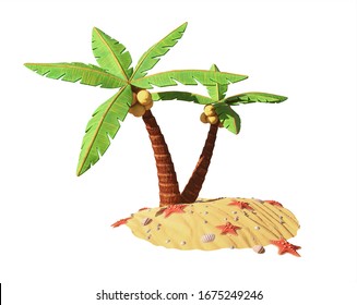 Palm Trees With Coconuts On The Sand With Red Starfish, Seashells And Small Pebbles. Lonely Tropical Island. Beautiful Island. Concept Art Of Summer Relaxation. 3d Render Isolated On White Background