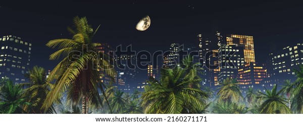 Palm trees and evening\
city, evening skyscrapers and palm trees, mallow trees and night\
city, 3d rendering