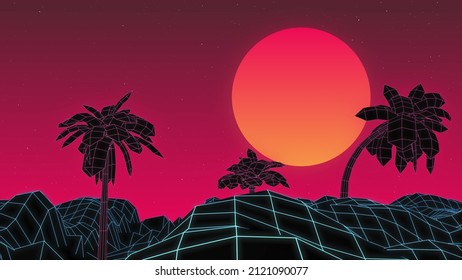 Palm Trees And Mountains Grid Surface, Background Animation, Orange Red Sky. Vaporwave Or Retrowave Design