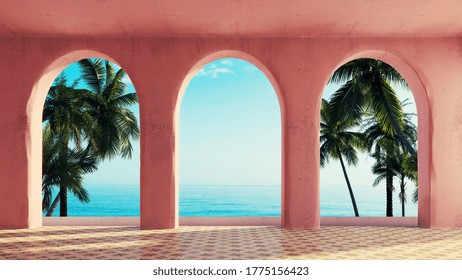 palm trees and ocean view through the pastel pink arches with columns, surreal architecture concept, 3D Illustration
