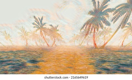 Palm Trees Oil Painting Effect. 3d Animation