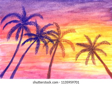 Palm trees on ocean shore at sunset in watercolor