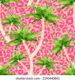 Palm Trees On A Pink Leopard Background. Seamless Tropical Pattern Watercolor Texture