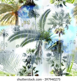 Palm Trees Seamless Pattern Graphic Background. Clip Art - Photo Collage - Great Artistic Work For Floral Design.